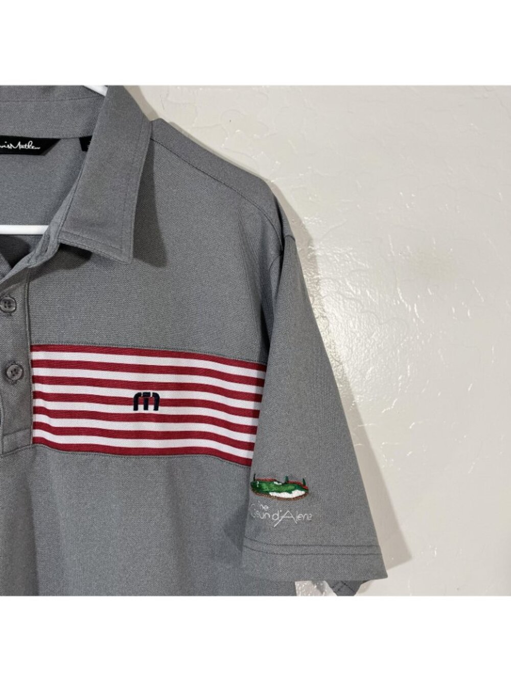 TravisMathew Polo Shirt Mens XL Gray USA Flag Coeur D'Alene Golf Stretch Top - Picture 2 of 7